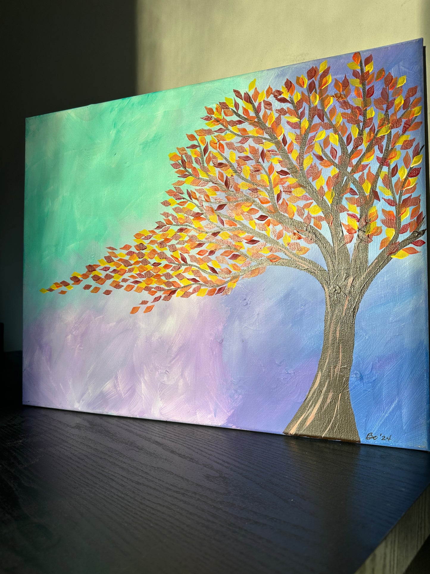 Autumn Tree on Cool Background, 16x20 acrylic on gallery wrapped canvas, FREE SHIPPING