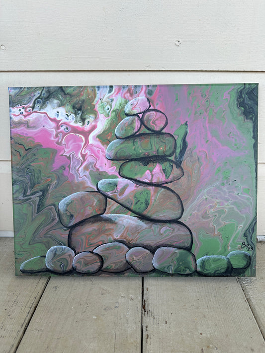 Rock Cairn on a paint pour, 11x14 gallery wrapped canvas, FREE SHIPPING