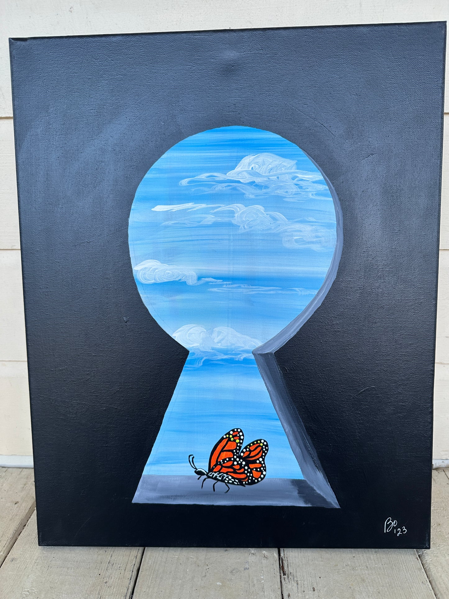 Monarch Butterfly Emerging from Keyhole, 16x20 Acrylic on gallery wrapped canvas, FREE SHIPPING