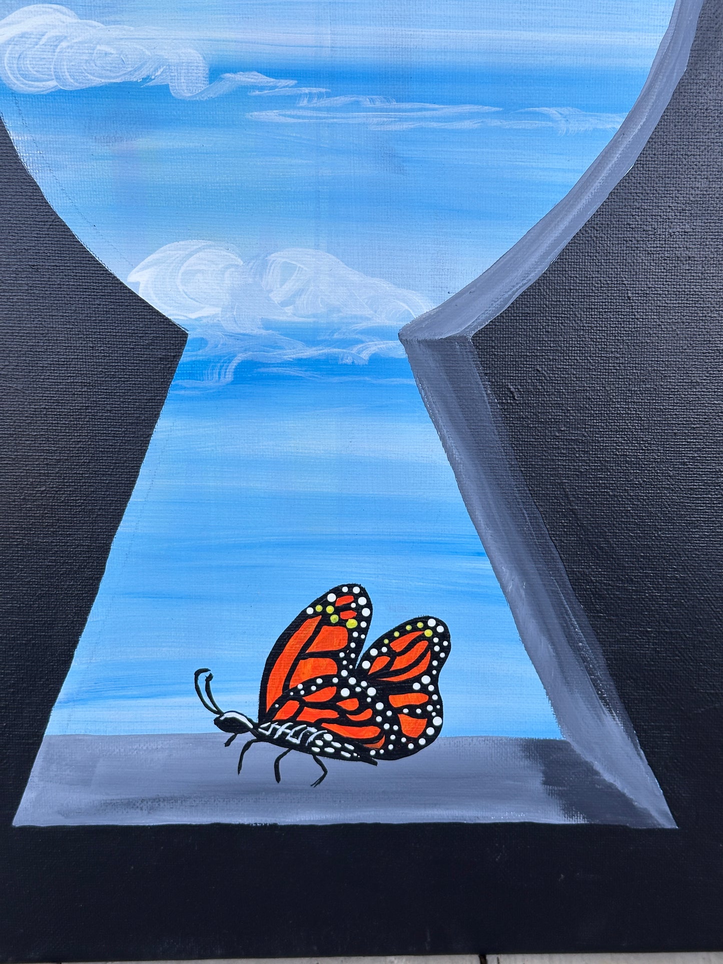 Monarch Butterfly Emerging from Keyhole, 16x20 Acrylic on gallery wrapped canvas, FREE SHIPPING