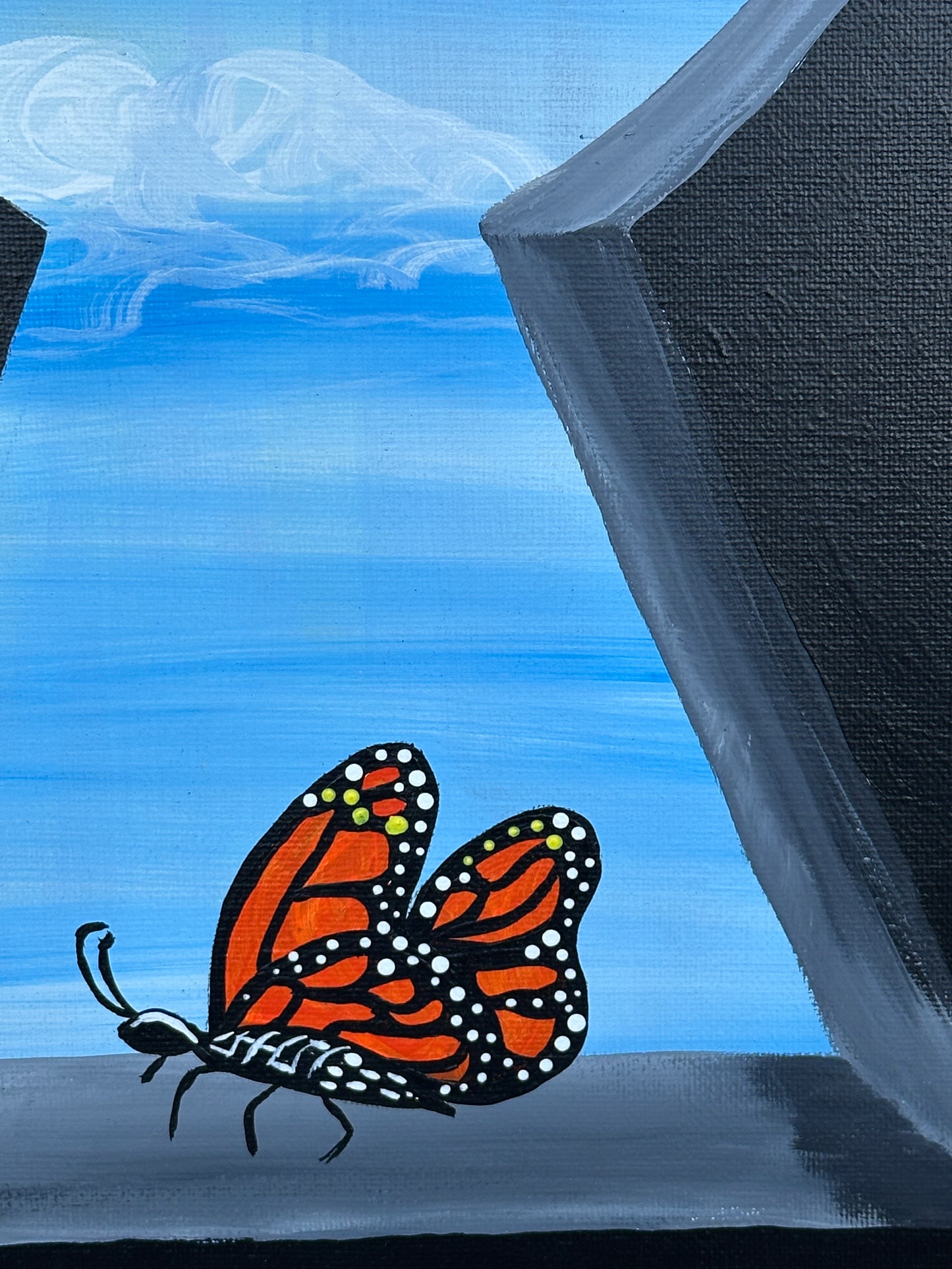 Monarch Butterfly Emerging from Keyhole, 16x20 Acrylic on gallery wrapped canvas, FREE SHIPPING