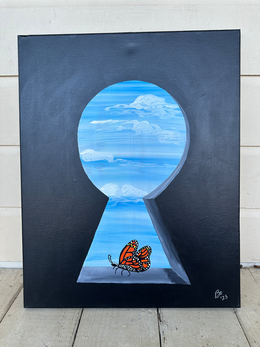 Monarch Butterfly Emerging from Keyhole, 16x20 Acrylic on gallery wrapped canvas, FREE SHIPPING