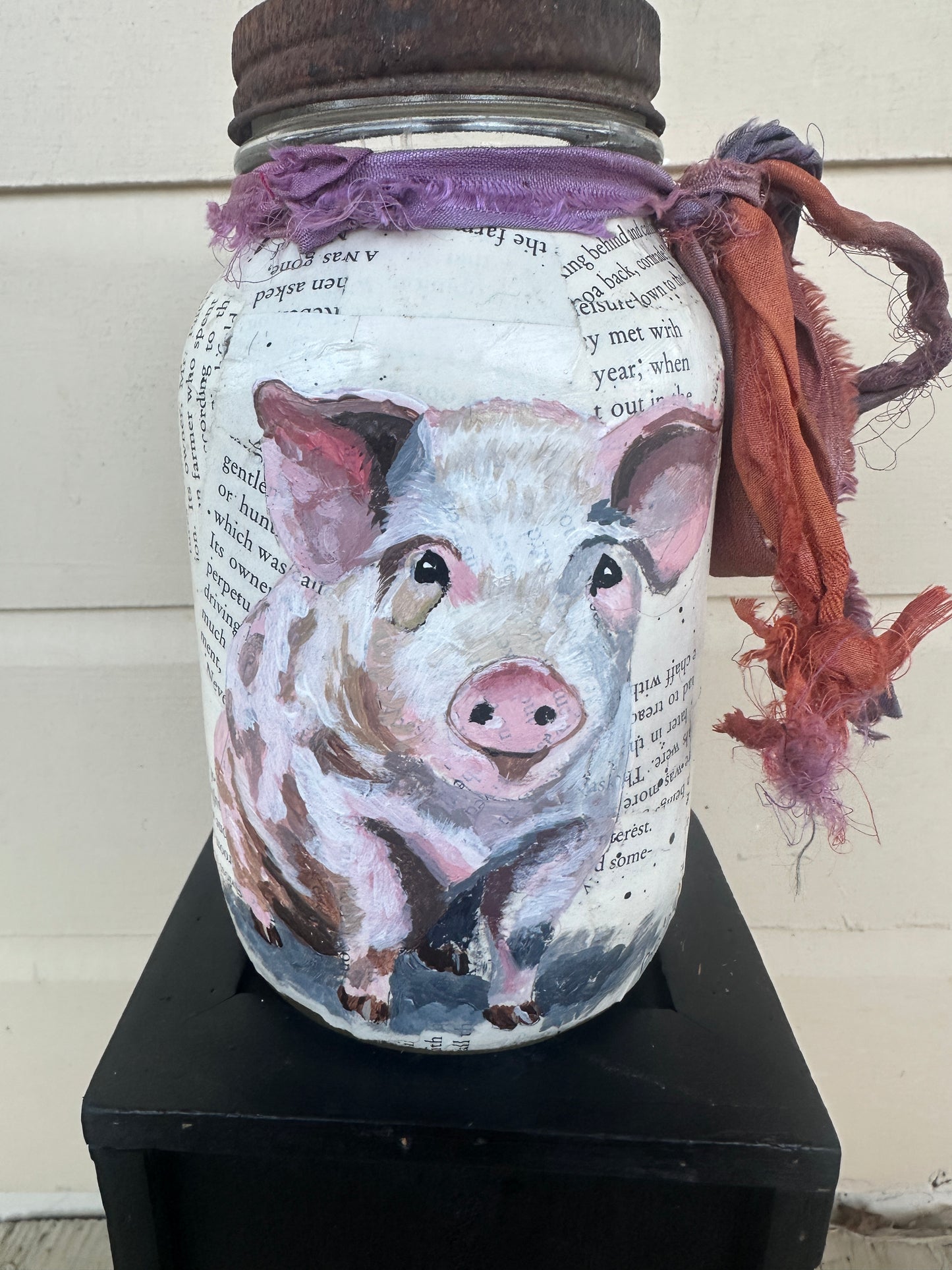 Pink Piglet painted on Vintage  quart Mason Jar FREE SHIPPING