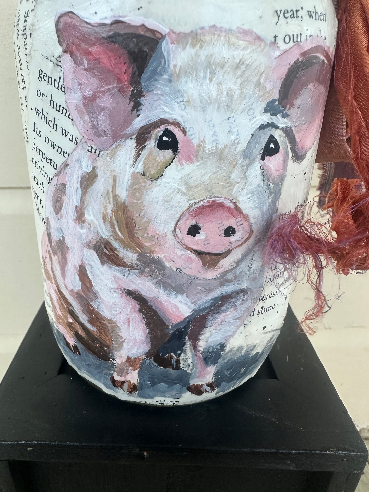 Pink Piglet painted on Vintage  quart Mason Jar FREE SHIPPING