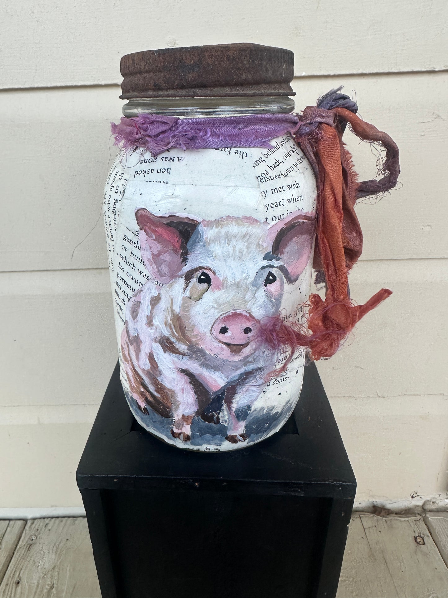 Pink Piglet painted on Vintage  quart Mason Jar FREE SHIPPING