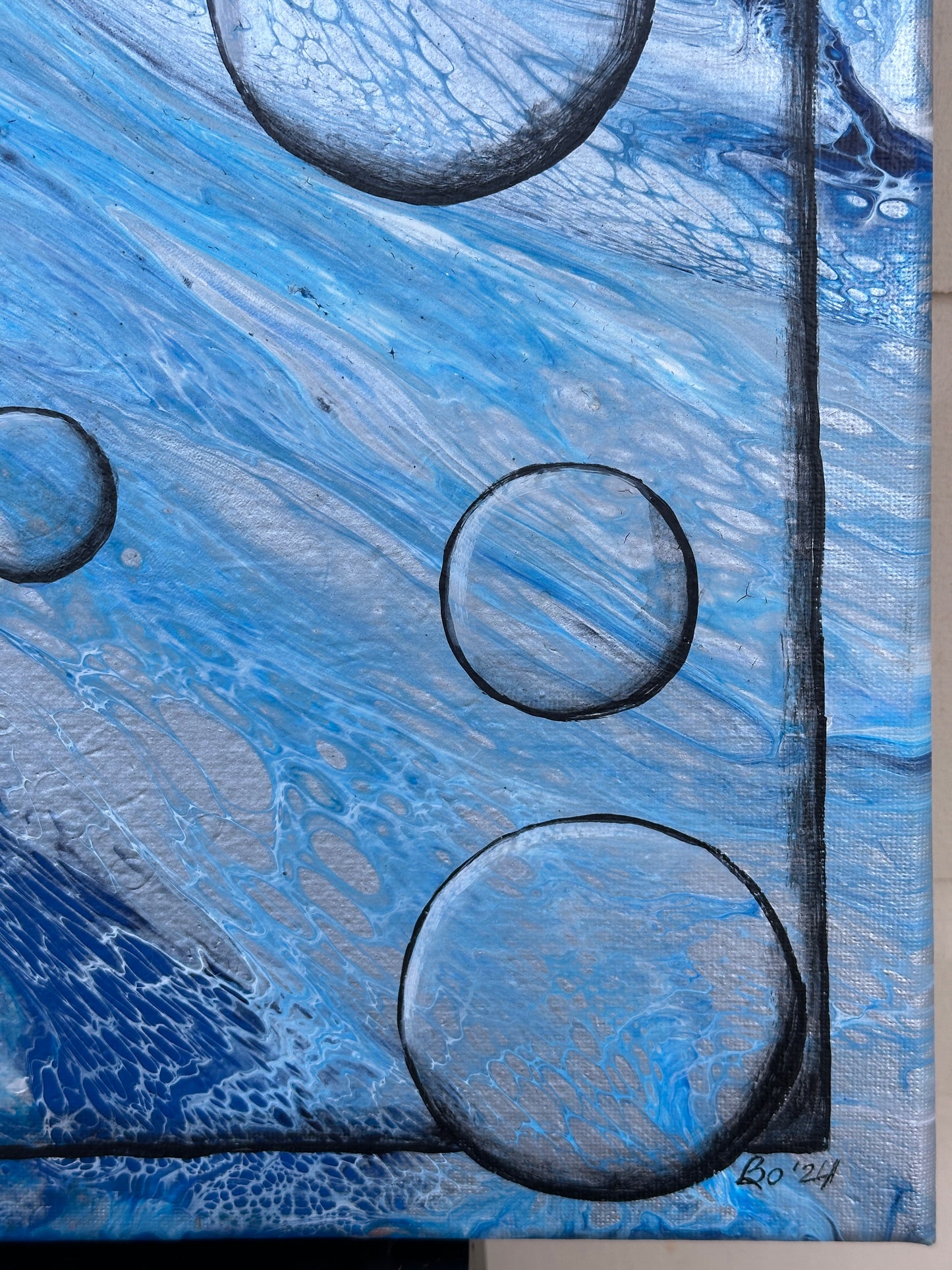 Water Droplets on a Paint Pour, 12x12 Acrylic on gallery wrapped canvas, FREE SHIPPING