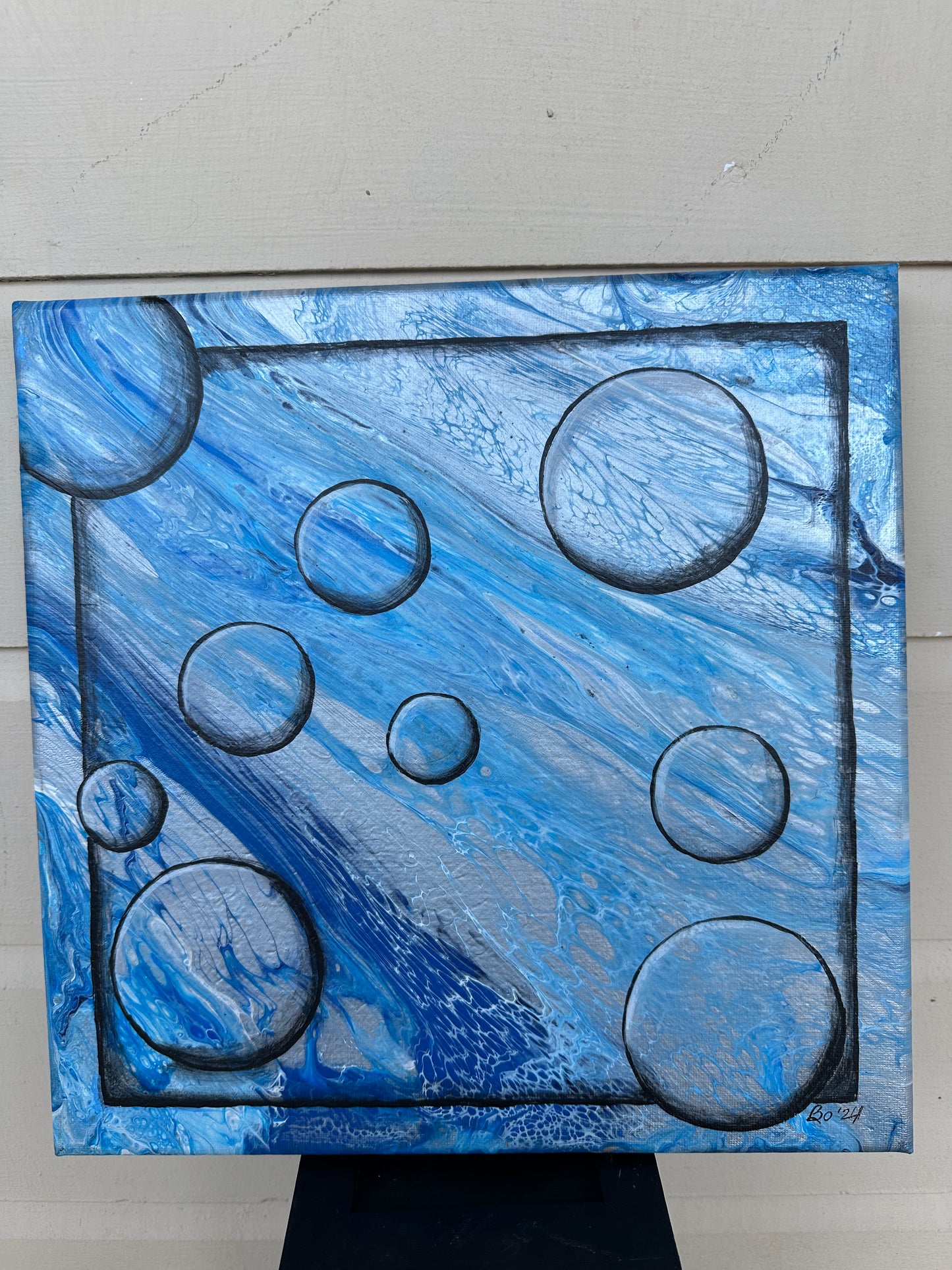 Water Droplets on a Paint Pour, 12x12 Acrylic on gallery wrapped canvas, FREE SHIPPING