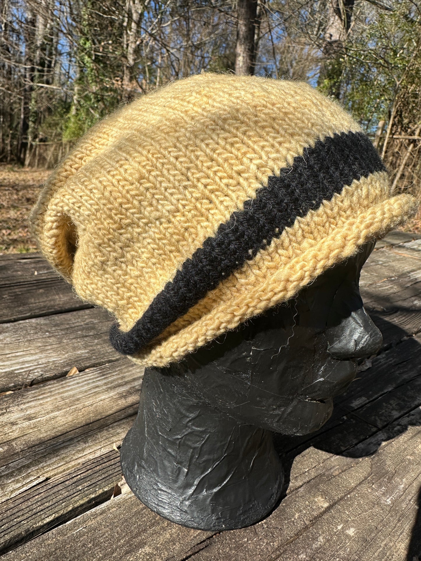 Beehive Yellow & Black Hand spun Wool Slouchy Beanie FREE SHIPPING