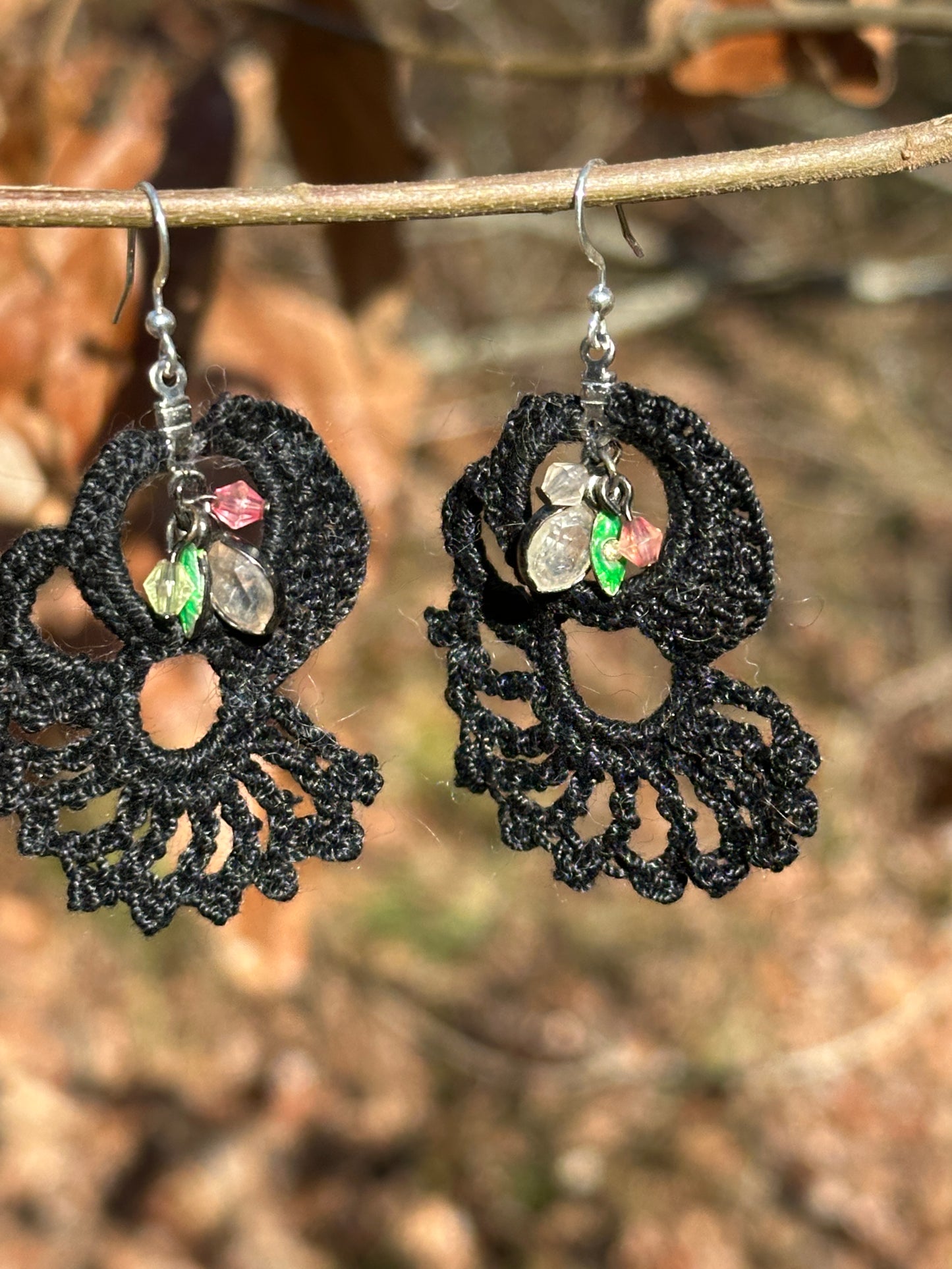 Black Lace Micro Crochet Earrings with vintage charms on Nickel ear wires, FREE SHIPPING