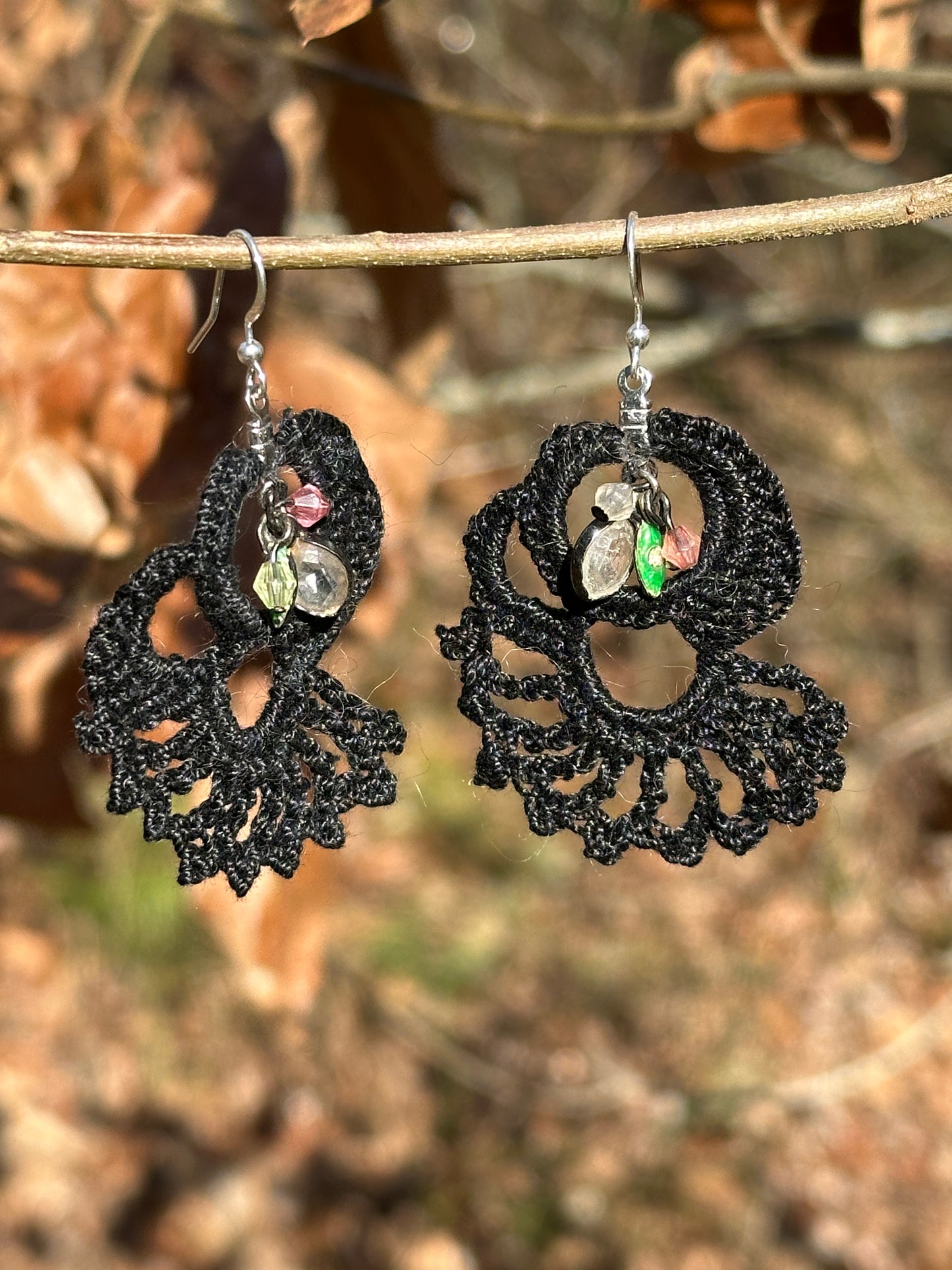 Black Lace Micro Crochet Earrings with vintage charms on Nickel ear wires, FREE SHIPPING