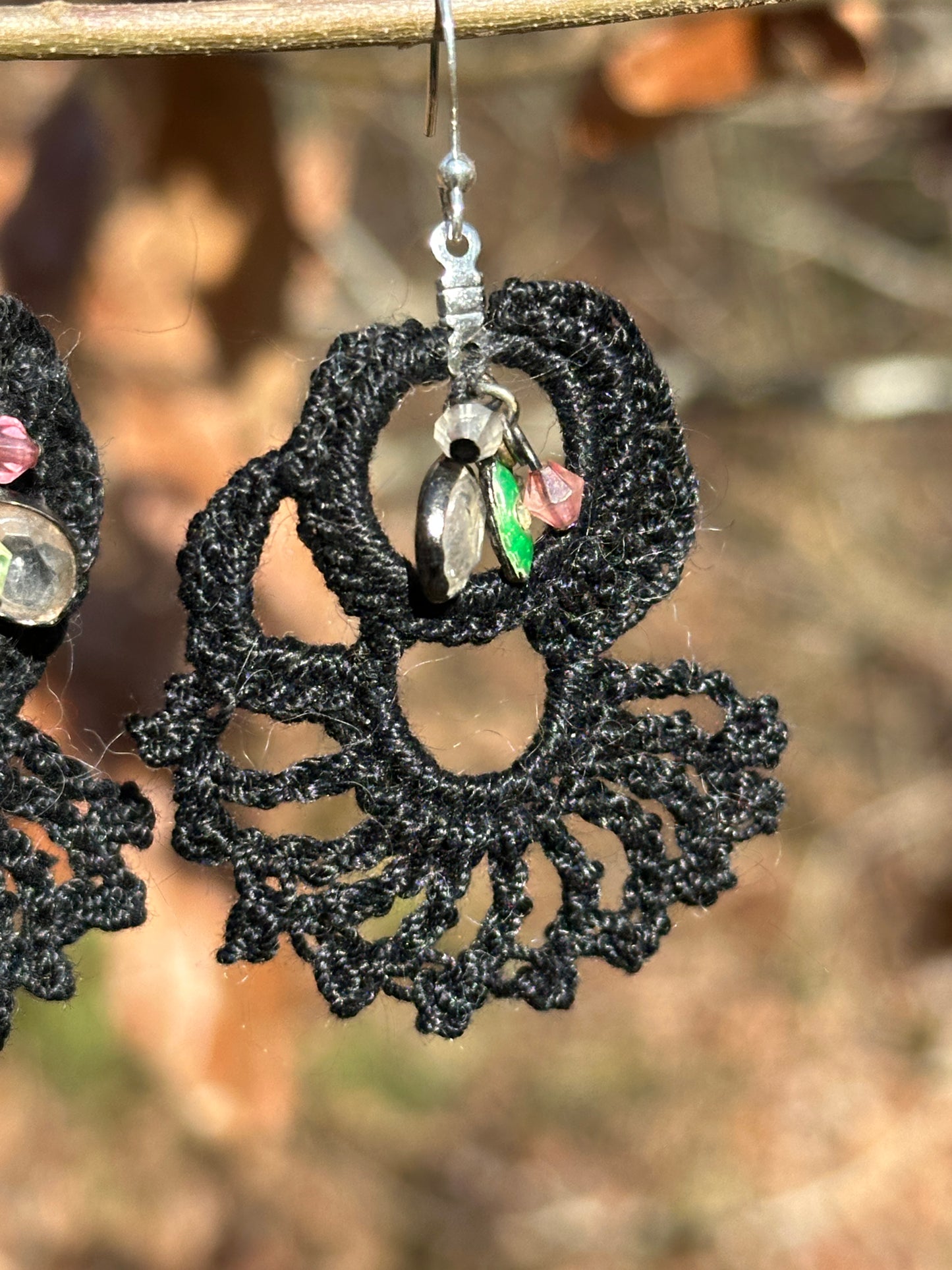 Black Lace Micro Crochet Earrings with vintage charms on Nickel ear wires, FREE SHIPPING