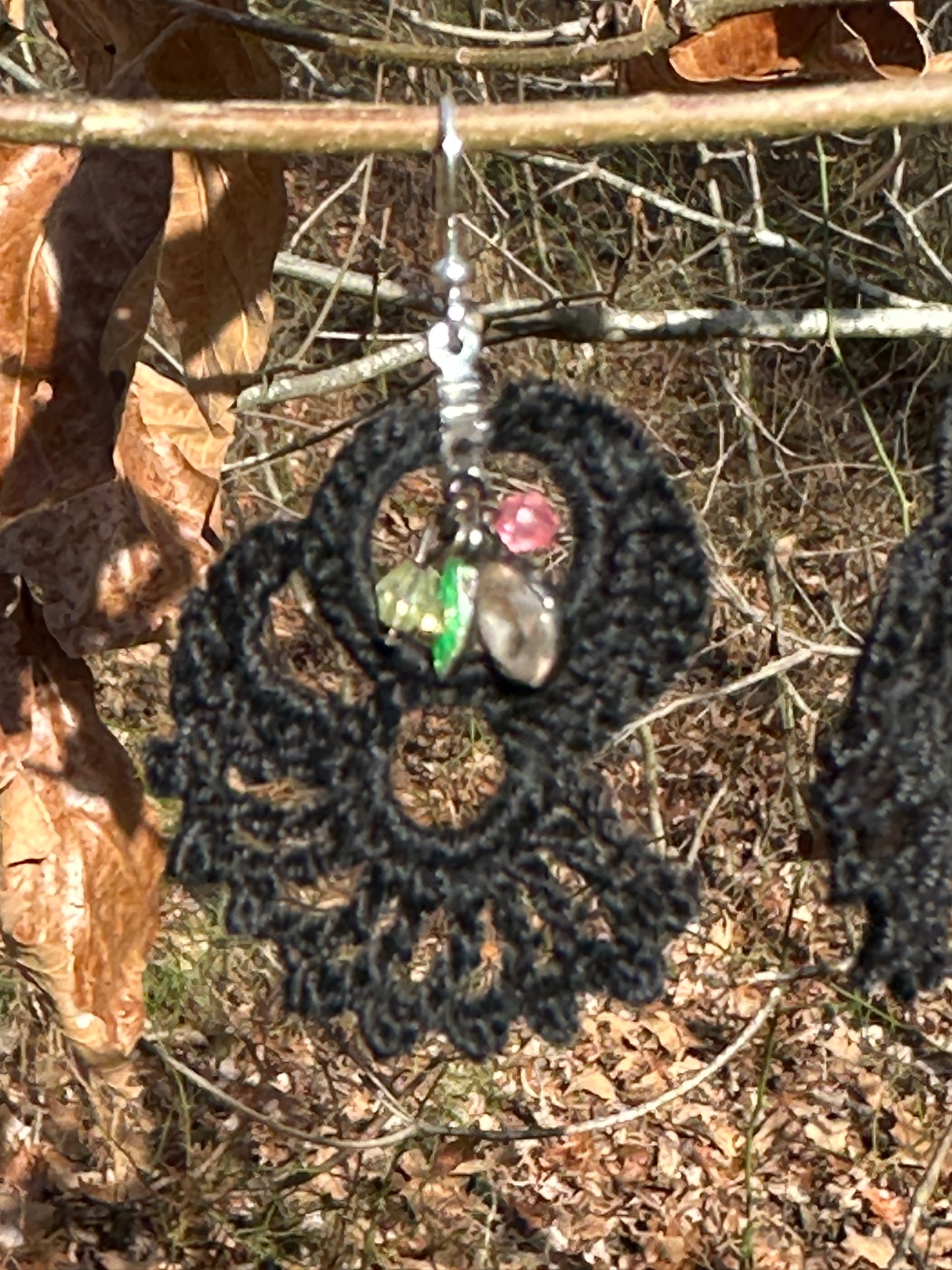 Black Lace Micro Crochet Earrings with vintage charms on Nickel ear wires, FREE SHIPPING