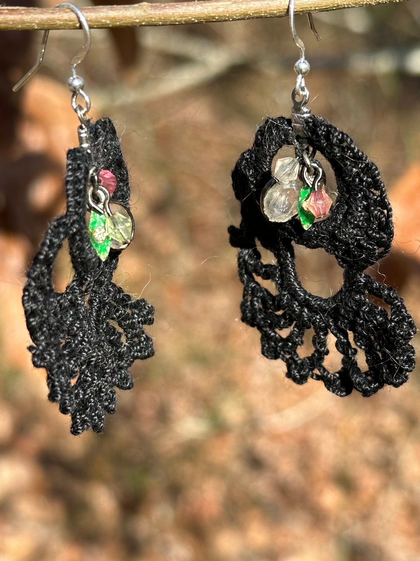 Black Lace Micro Crochet Earrings with vintage charms on Nickel ear wires, FREE SHIPPING