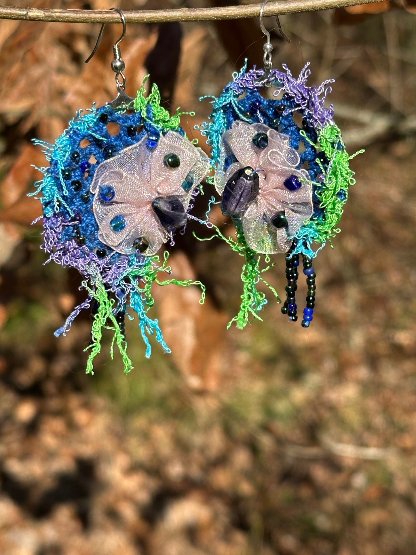 Blue Green Purple Micro Crochet Lace Organza Earrings on Nickel ear wires, FREE SHIPPING