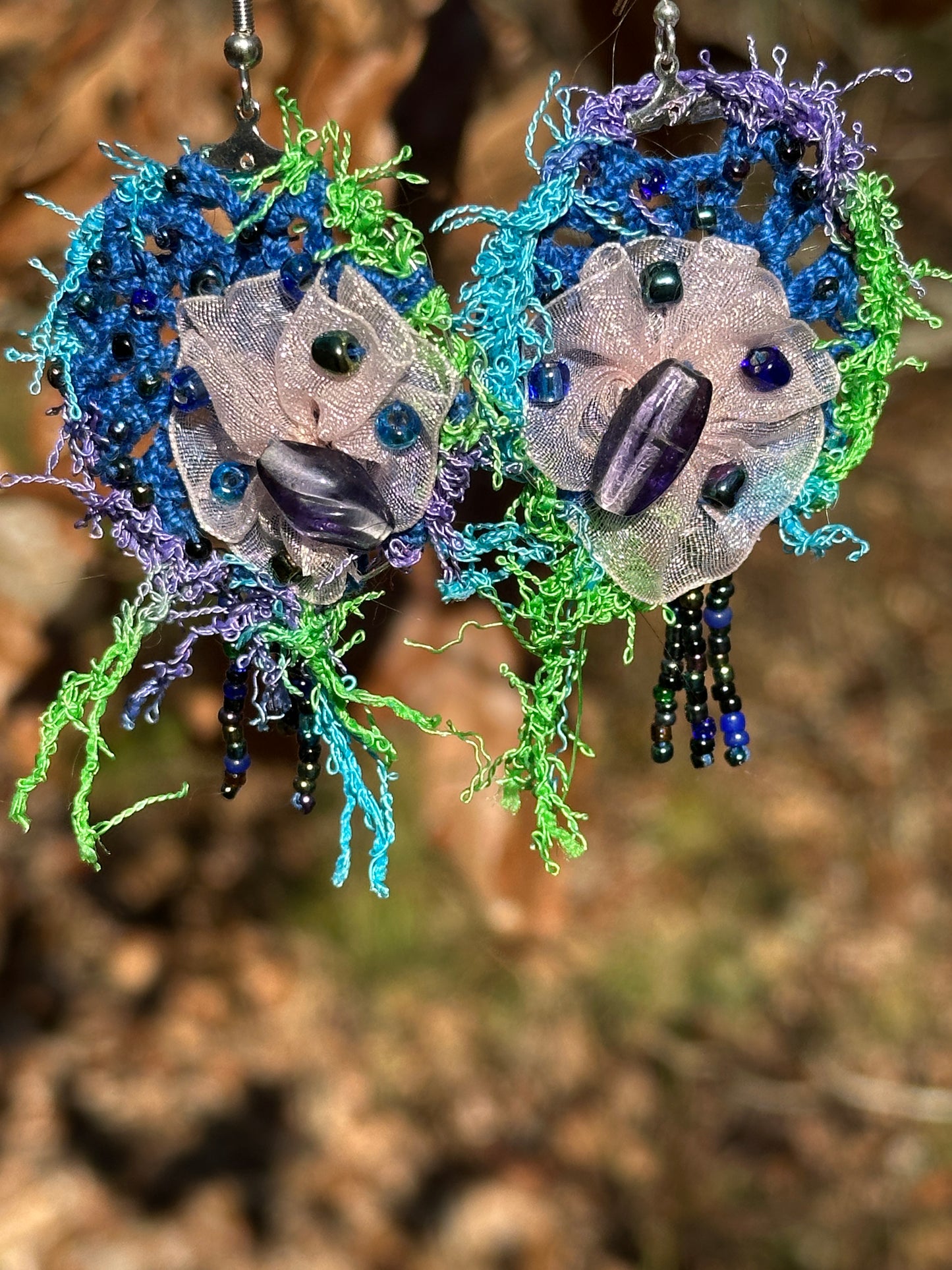 Blue Green Purple Micro Crochet Lace Organza Earrings on Nickel ear wires, FREE SHIPPING