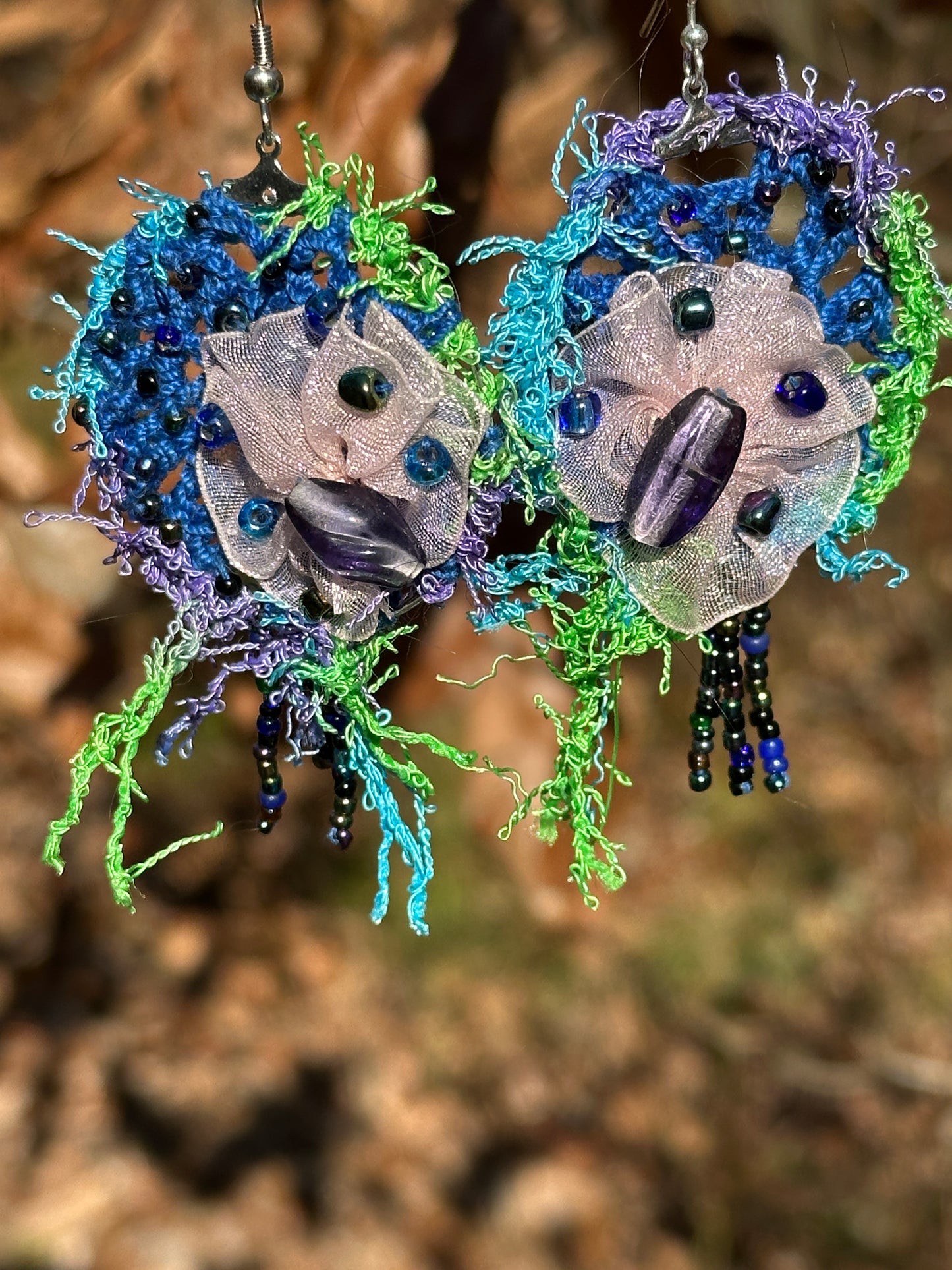 Blue Green Purple Micro Crochet Lace Organza Earrings on Nickel ear wires, FREE SHIPPING