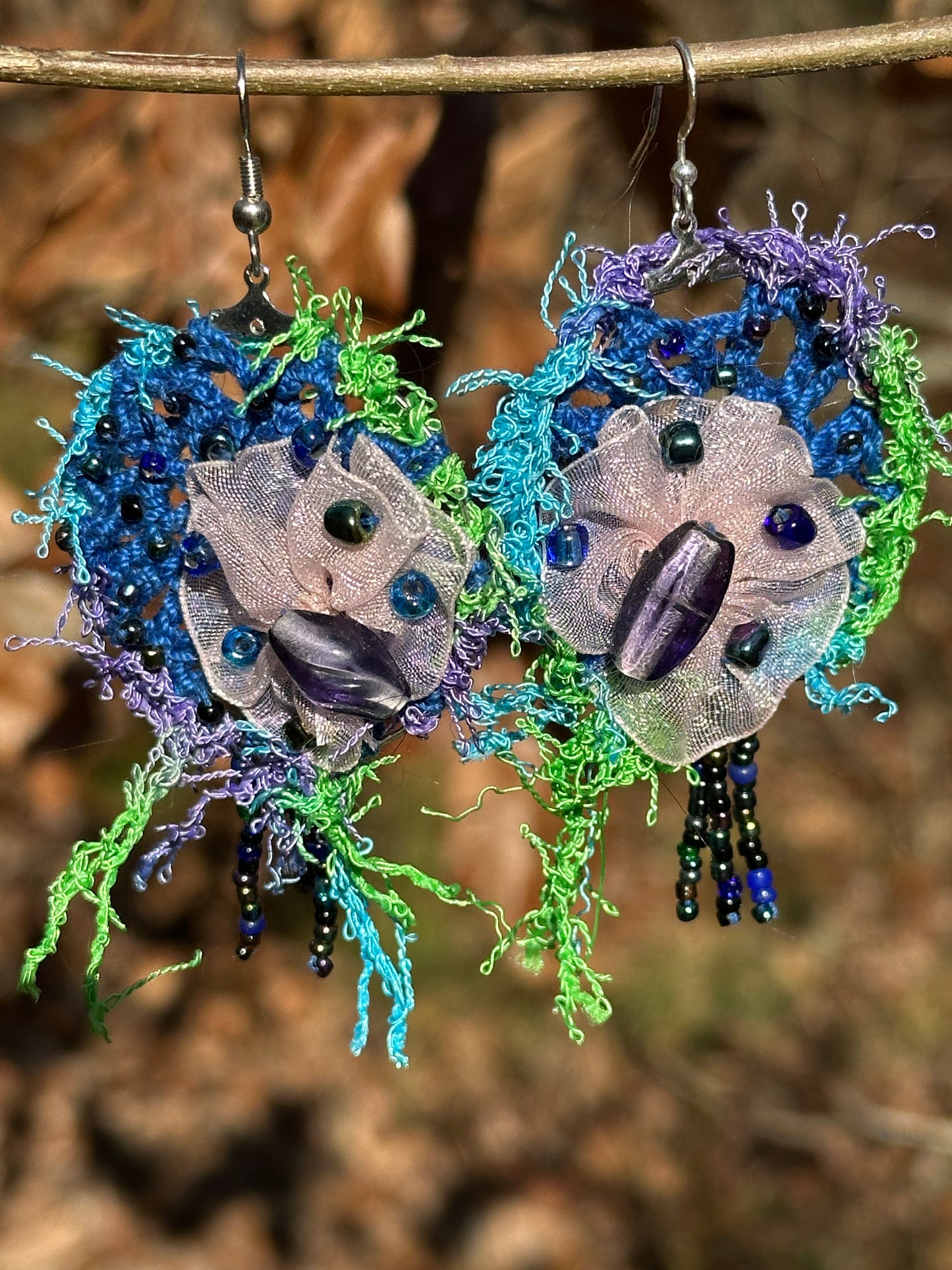 Blue Green Purple Micro Crochet Lace Organza Earrings on Nickel ear wires, FREE SHIPPING