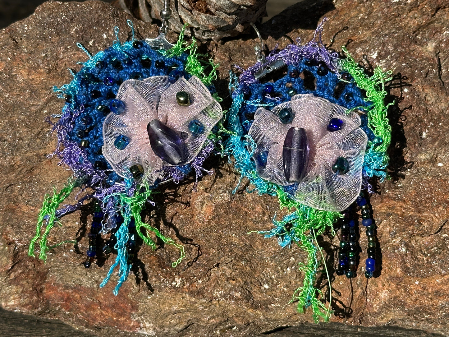 Blue Green Purple Micro Crochet Lace Organza Earrings on Nickel ear wires, FREE SHIPPING