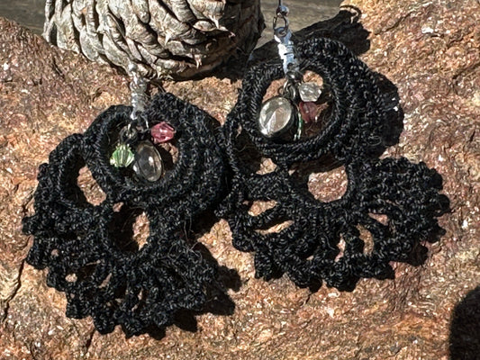 Black Lace Micro Crochet Earrings with vintage charms on Nickel ear wires, FREE SHIPPING