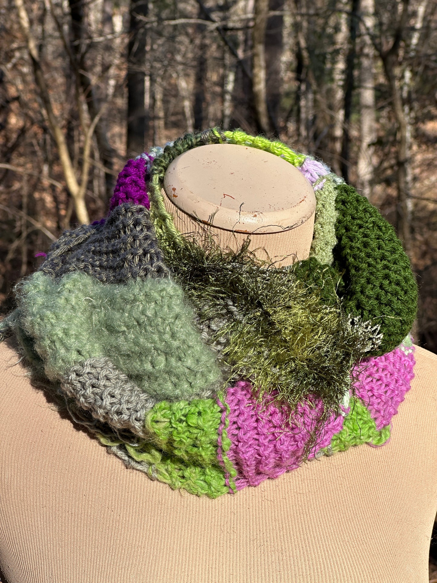 Mobius Ring Circle Cowl Infinity Scarf, hand knit, Sage/Orchid/Forest palette FREE SHIPPING