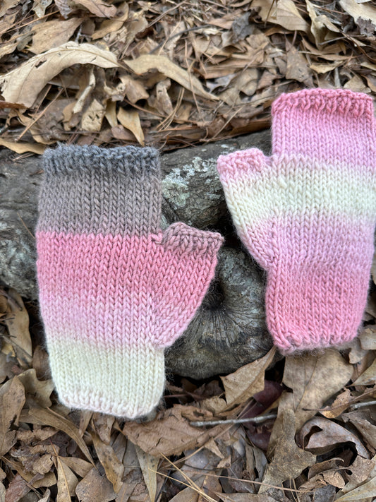 Strawberry, Cream, Taupe Wool Fingerless Gloves hand knit FREE SHIPPING