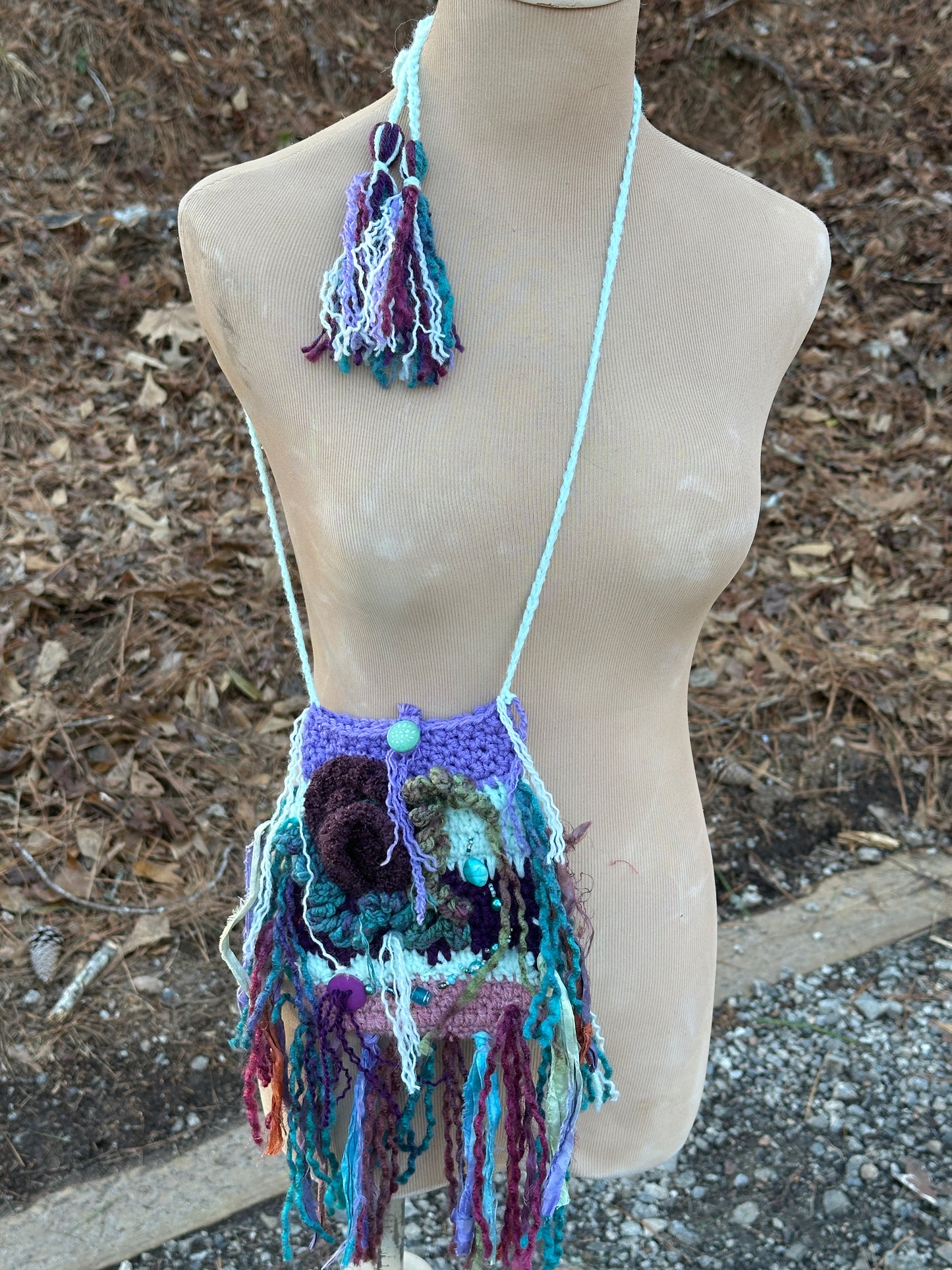 Festival Purse-Belt, Wearable Art, Earthy Aqua/Dark Purple palette FREE SHIPPING