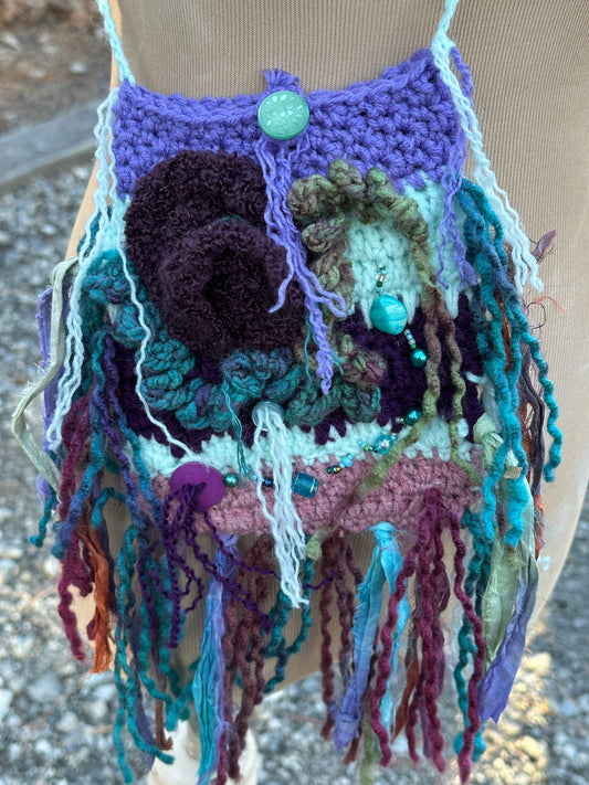 Festival Purse-Belt, Wearable Art, Earthy Aqua/Dark Purple palette FREE SHIPPING