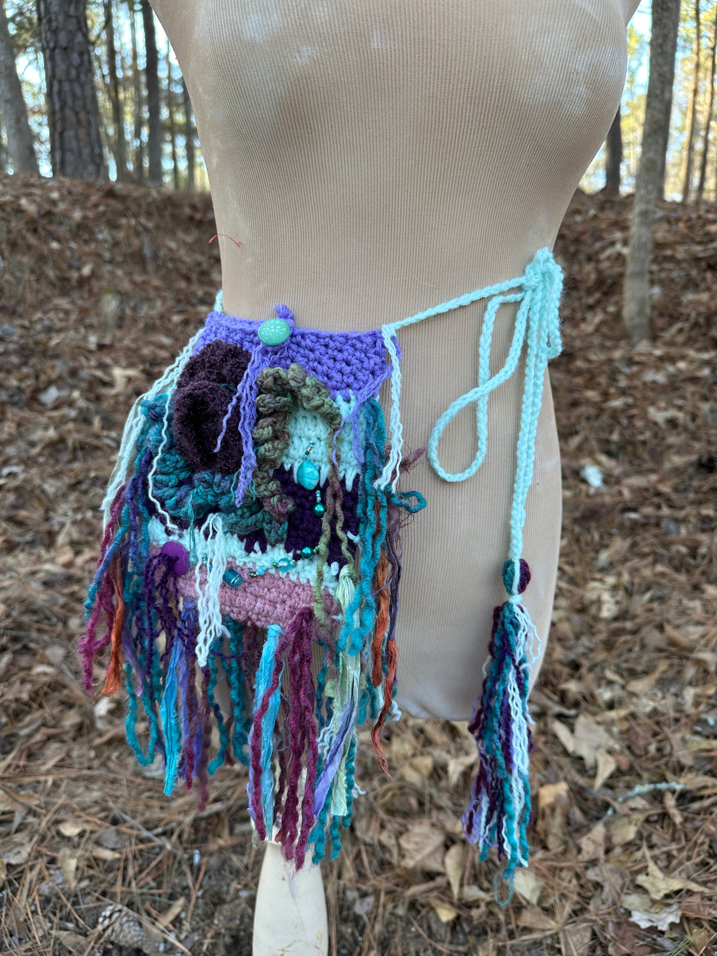 Festival Purse-Belt, Wearable Art, Earthy Aqua/Dark Purple palette FREE SHIPPING