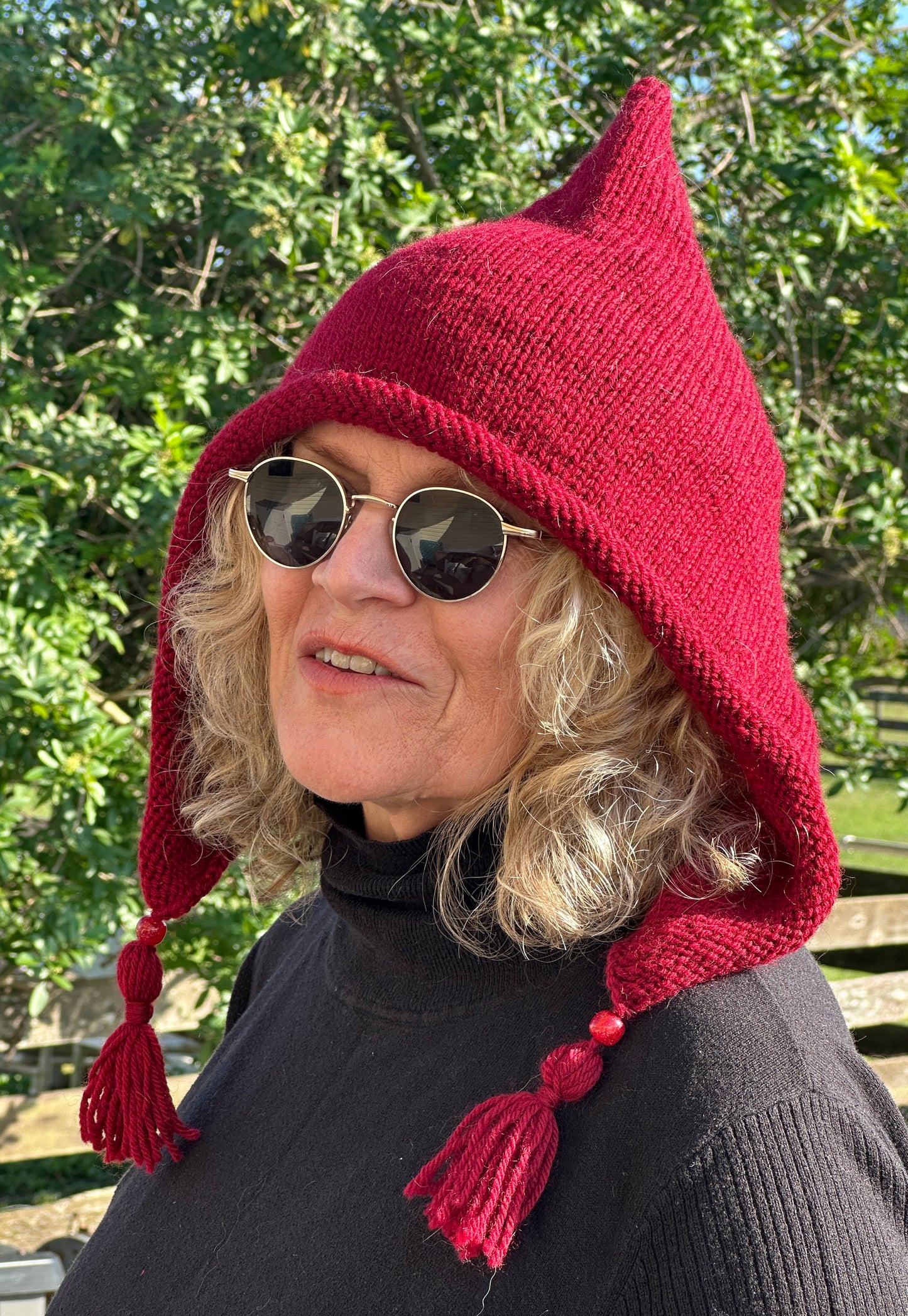 Dark Red Pixie Hood, Hand Knit in Wool FREE SHIPPING