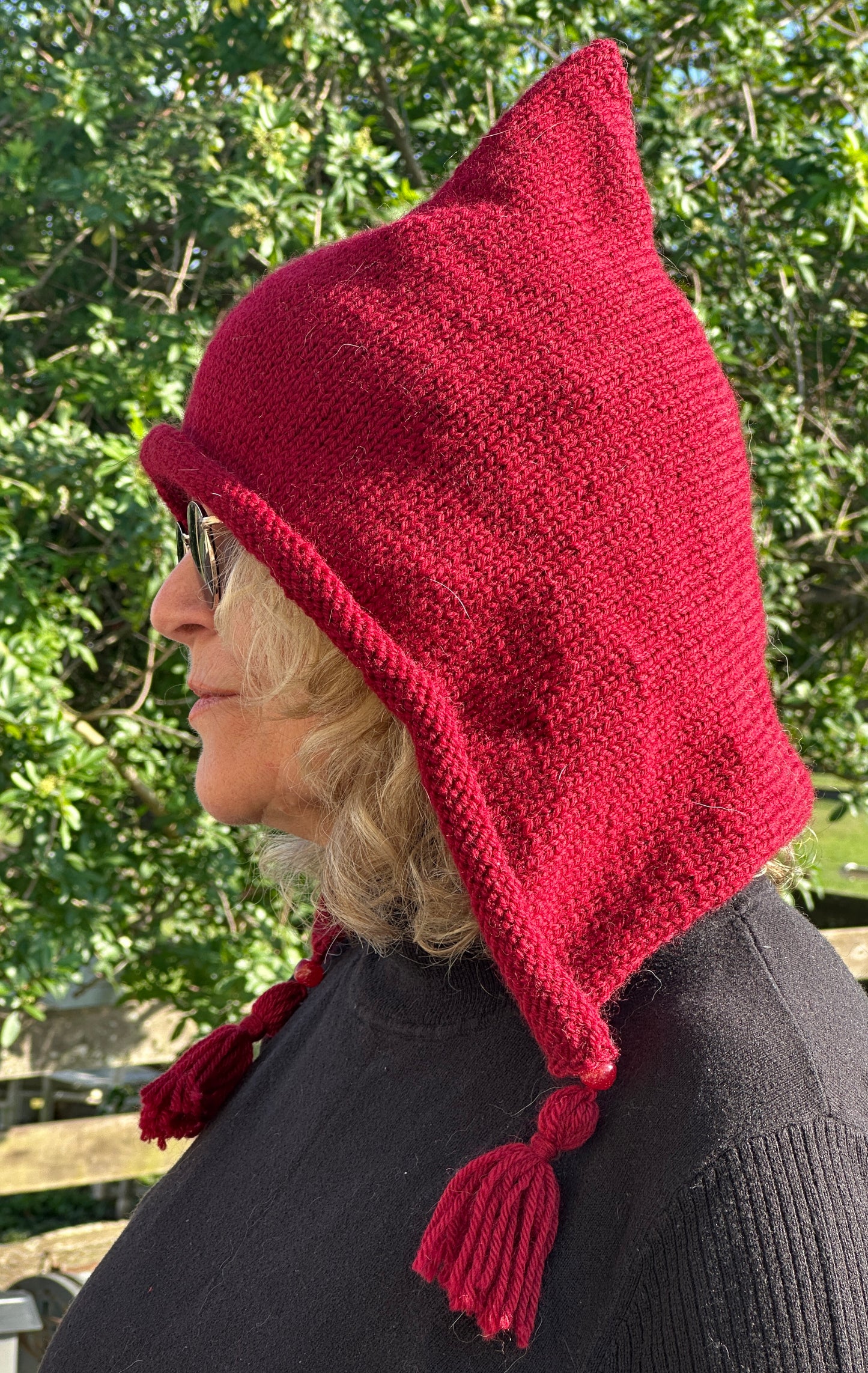 Dark Red Pixie Hood, Hand Knit in Wool FREE SHIPPING