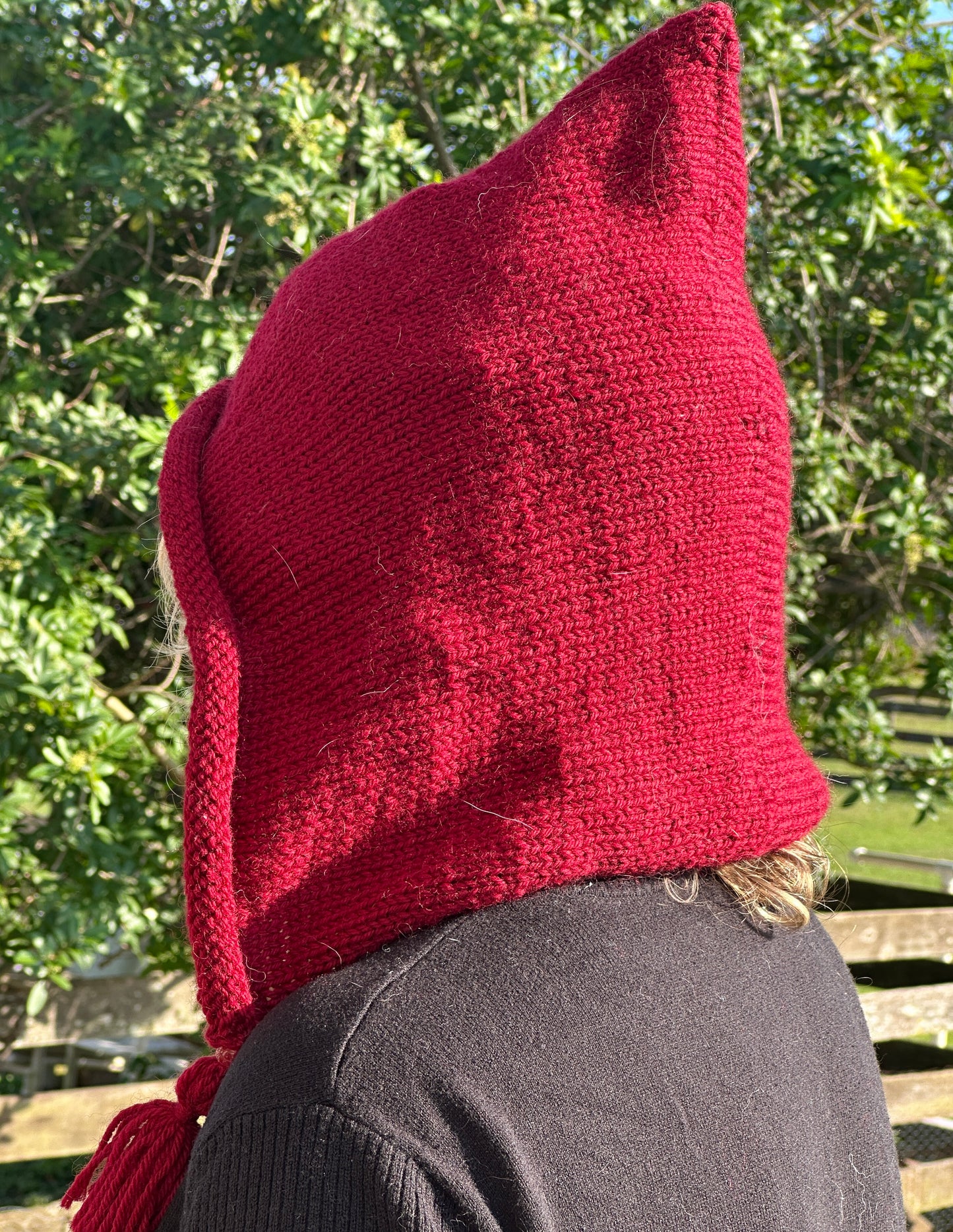 Dark Red Pixie Hood, Hand Knit in Wool FREE SHIPPING