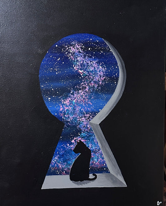 Black Cat in the Keyhole 16x20 Acrylic on Canvas