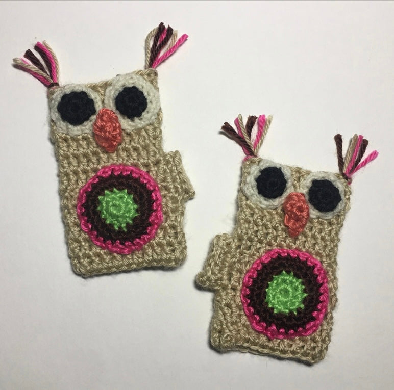 Digital PATTERN Crochet Owl fingerless mitts for child 3-7, stash buster owl puppet gloves